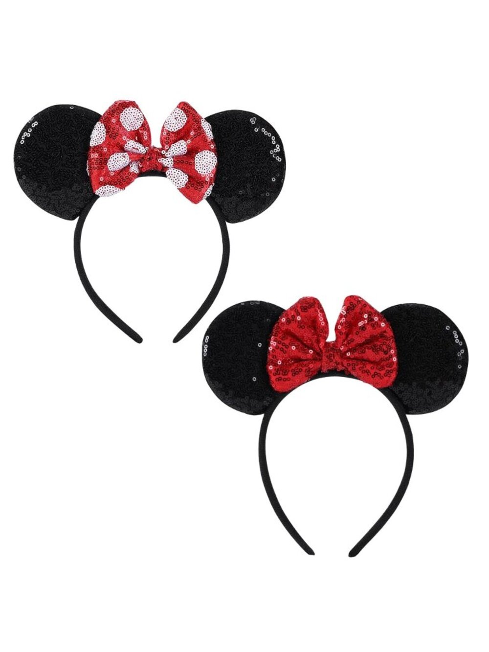 Women Red Black Sequin Shiny Bows Mickey Mouse 2 Pcs Headband